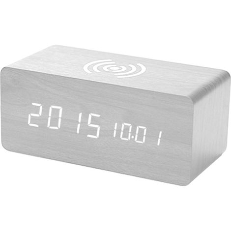 Intelligenter elektronischer Wecker mit Qi-Wireless-Ladefunktion, LED-Beleuchtung in Holzoptik, USB-Wireless-Ladefunktion und Sprachsteuerung sowie Snood-Funktion.
