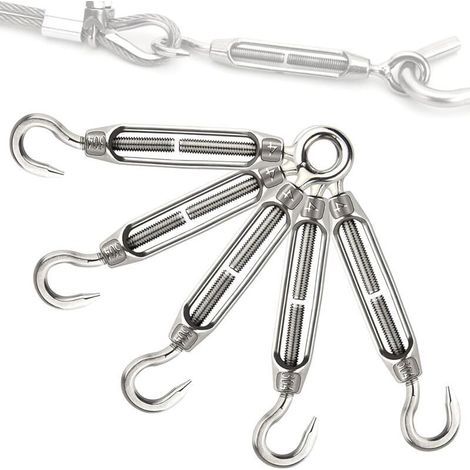 Tendeur de câble réglable en acier inoxydable M5 – Lot de 5 pièces avec crochet et œil pour corde à linge ou chaîne (1/4)