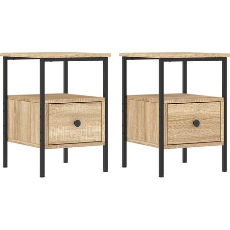 Conjunto de 2 mesitas de noche con cajón y estante 34 x 36 x 50 cm madera contrachapada color roble y hierro DEC035221