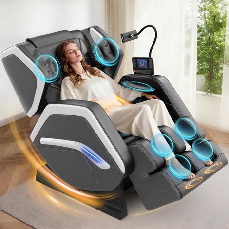 Fauteuil de massage, fauteuil de massage complet, 14 rouleaux de massage, massage des pieds, 8 coussins gonflables, haut-parleurs Bluetooth, écran tactile, gris foncé