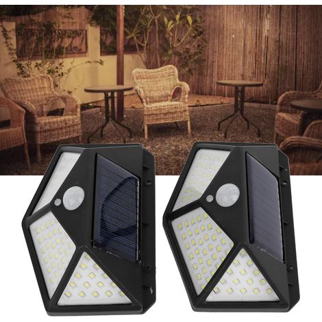 Lampe solaire à 100 LED sur quatre faces, lampe à détecteur de mouvement, applique murale, lampe d'escalier extérieure étanche, lampadaire. (1/5)