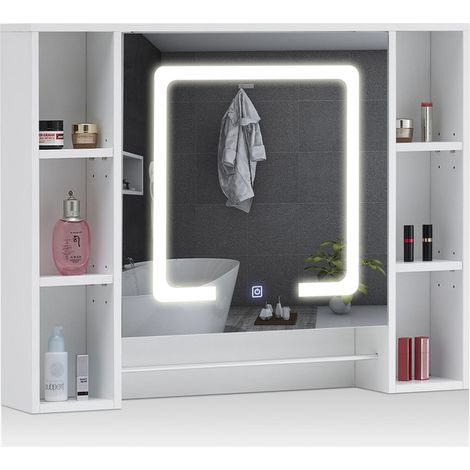 Clipop – Armoire murale de salle de bain avec miroir HD et éclairage LED – 90x15x70cm – 6 rangements ouverts et porte-serviettes – MDF imperméable (1/5)