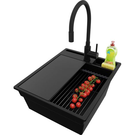 PRIMAGRAN Evier Cuisine en Granit 43x53cm, Lavabo 1 bac + Kit de Vidage + Accessoire, Évier à Encastrer au meuble 45cm - Oslo Pocket, Tout Noir (1/5)