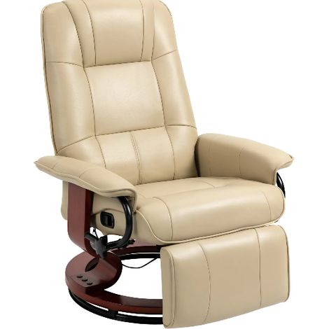 Fauteuil relax inclinable 145° avec repose-pieds manuel, pivotant à 360°, revêtement simili cuir crème, pieds en bois (1/5)