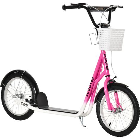 Kinderroller Tretroller mit Bremse, inkl. Korb, höhenverstellbar, für Kinder von 5 bis 12 Jahren, Weiß + Pink (1/5)