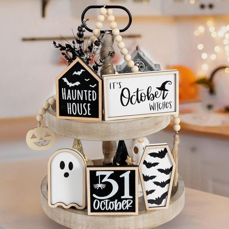 Décoration d'Halloween Décorations d'Halloween en 6 pièces (bol à étages) Boîte à chauves-souris, maison hantée, sorcière, panneau « 31 octobre », couronne de perles Décoration d'Halloween Décorat (1/5)