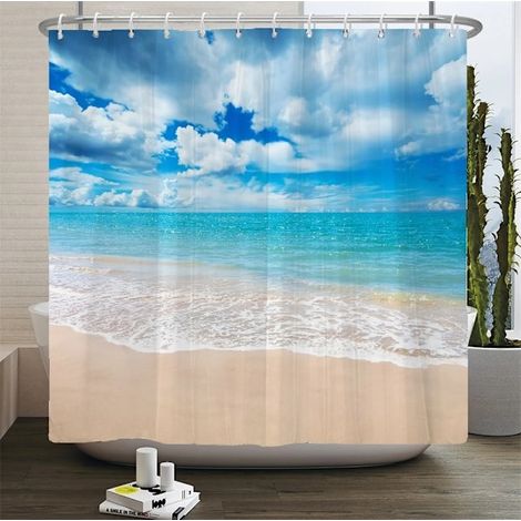 Rideau de douche 3D motif plage, rideau de salle de bain style méditerranéen, décoration en tissu imperméable, 180 cm de large x 240 cm de haut