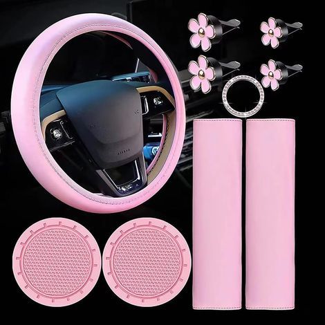 Lot de 10 Housses de Volant en Cuir Rose, Voiture Mignons avec Ceinture de Sécurité, Porte Gobelets (1/5)