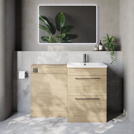 Napoli 460 Cento Light Oak 1200mm 2 Drawer Vanity Unit Toilet Suite with Glide Basin - 1200mm - Gunmetal Grey 320mm HandleWithout Kingston Toilet Pan