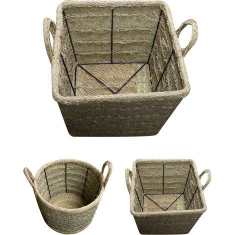 Cesta de Esparto Artesanal con Asas y Estructura Metálica - Diseño Redondo y Cuadrado  Cuadrado Mediano - (1/5)