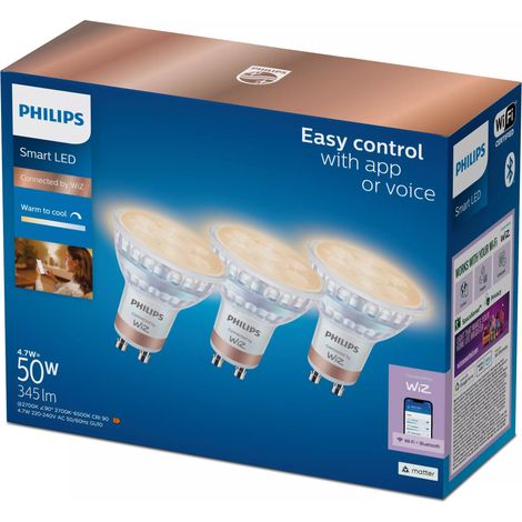 Philips Smart LED Slimme lot de 3 Ampoules Spot GU10 (50W) Lumière blanche chaude à froide - WiFi (1/2)