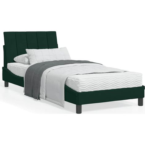 Lit avec matelas 90 x 200 cm vert foncé en velours, tête de lit et sommier à lattes - PANGIVO (1/5)