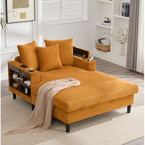 Chaise longue in velluto a coste senape 129x170x70 cm con LED, USB, vano contenitore e portabicchieri (1/5)