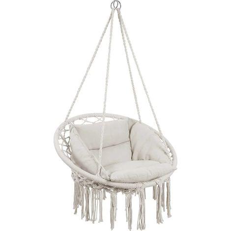 Poltrona Sospesa Giardino Tessuto Sedia Dondolo Pensile Amaca con Cuscino Beige