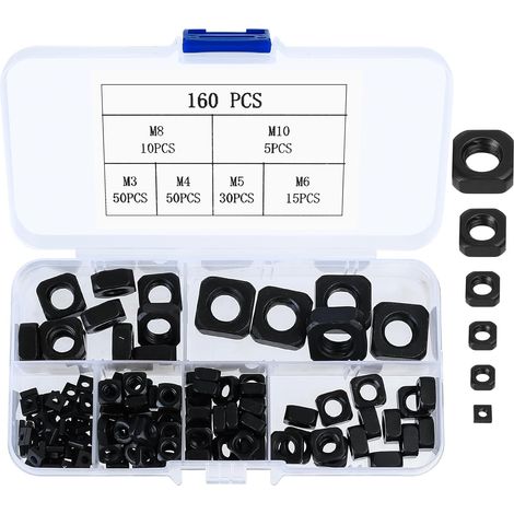 160 Pièces Écrous Carrés Acier Carbone M3, M4, M5, M6, M8, M10 (1/5)