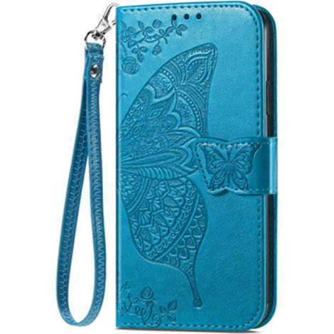 Custodia protettiva per iPhone 14 Plus, con design a portafoglio in pelle, supporto integrato, scomparti per carte e cinturino da polso removibile, decorata con un delicato motivo a farfalla. (1/2)