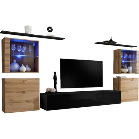 Composizione murale SWITCH XIV mobile TV sospeso nero lucido e quercia Wotan con LED