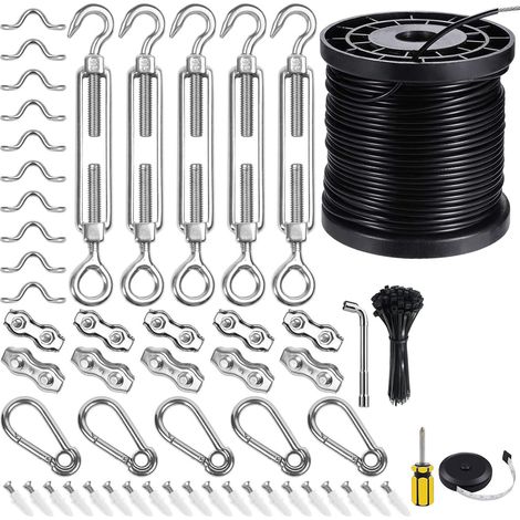 Kit de suspension pour guirlande lumineuse extérieure, kit de câblage, kit de fixation pour voile d'ombrage, noir, 2 mm x 50 mètres (1/5)