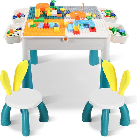 Wolketon Tavolo multifunzione per bambini con 2 sedie e 251 mattoncini da costruzione, 51x51 cm