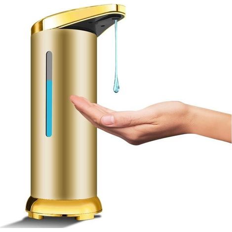 Distributeur de savon automatique en acier inoxydable, distributeur de désinfectant sans contact avec capteur infrarouge, interrupteur réglable et base étanche (or mat) (1/4)