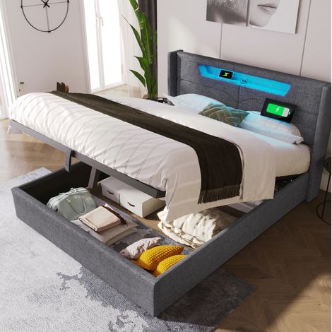 letto matrimoniale contenitore LED USB 160x200 grigio OKMYHOME