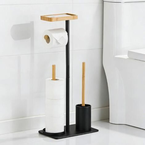 Porte Papier Toilette sur Pied avec Brosse WC Support Papier WC Rangement sans Percage pour 4 Rouleaux, Bois Noir, Carré (1/5)