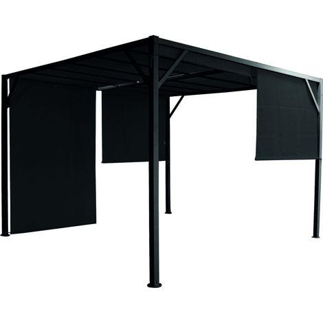 Pavillon-Pergola 3x3 m aus schwarz lackiertem Metall mit schwarzen Seitenvorhängen - Tiglio