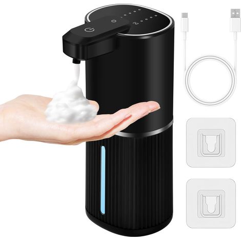 Distributeur de Savon Automatique 380ml - Sans Contact Rechargeable IPX5, Distributeur de Liquide Vaisselle Mural pour Cuisine Salle de Bain Bureau (Mousse, Noir)