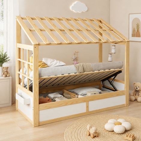 Letto cabina per bambini 90 x 200 cm con tetto, finestra e contenitore idraulico HAVRYA (1/5)