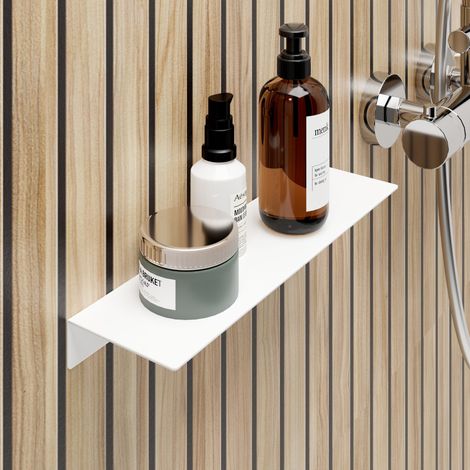 Schulte – Tablette de douche murale à coller 33 x 9,5 x 3,5 cm – Aluminium blanc mat – Charge maximale 3 kg – Montage facile avec ruban adhésif