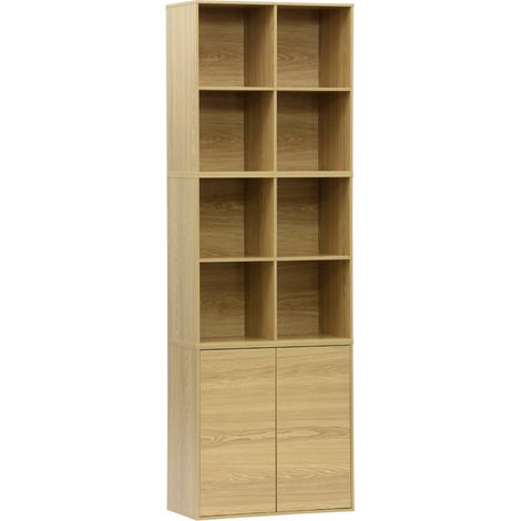 Shelf, modular bookcase wood decor 3 elements - 2 doors 8 compartments, Kompo, Oak effect, 70x35x70 cm