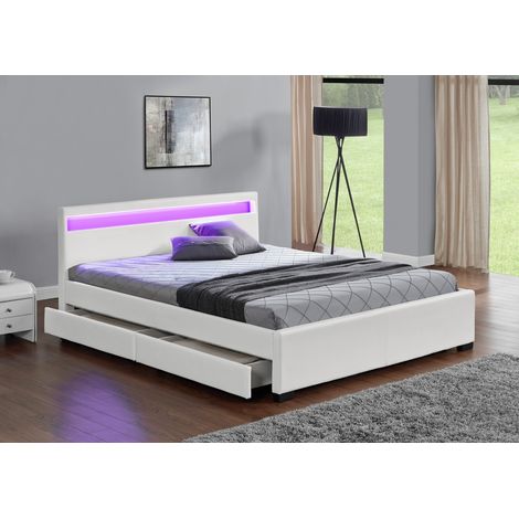 Struttura letto in similpelle bianca con contenitore e led 160x200 cm ENFIELD (1/5)