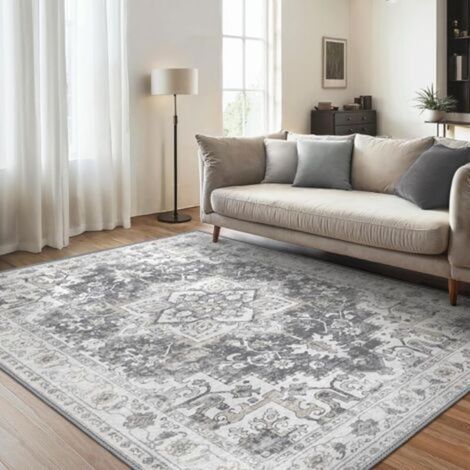 1 tapis de salon gris vintage, 100 x 150 cm, envers antidérapant, lavable, poils ras, convient pour cuisines, salles à manger, bureaux et chambres (1/5)