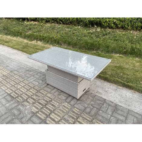 Fimous PE Wicker Rattan Garden Furniture Adjustable Rising Dining or Coffee Table In Light Grey Mixed With Clear Tempered Glass Semi Assembled