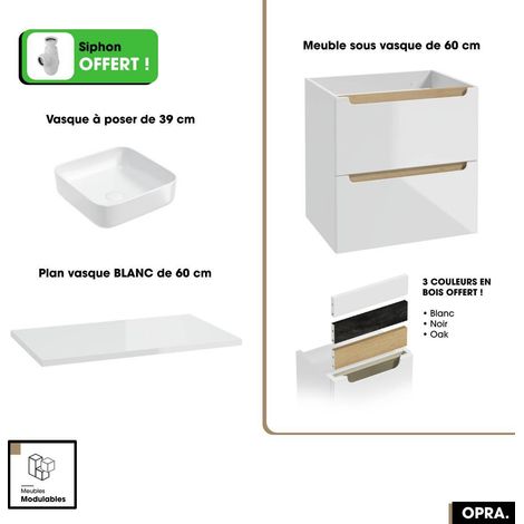 Ensemble meuble sous vasque avec plan et vasque à poser - Siphon OFFERT OPRA Blanc 60 × 60 × 45 cm (1/5)