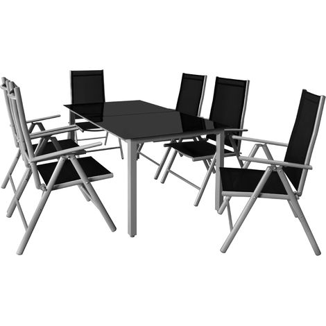 CASARIA® 7pc Aluminum Garden Chair Glass Top Table Set 6 Seat Outdoor Furniture Silver (1/5)