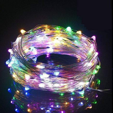Guirlande lumineuse extérieure 100 LED, 10 m, à piles, avec télécommande et minuterie intérieure, idéale pour terrasse, Pâques, Noël et fêtes (multicolore). (1/5)