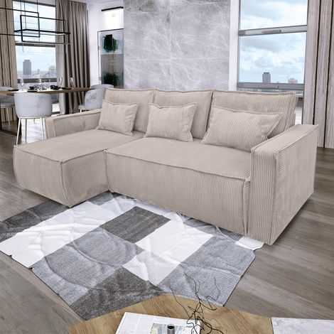 M&S – Canapé convertible d'angle réversible en velours côtelé beige – Structure en bois massif – Dimensions couchage 128 x 204 cm – Profondeur d'assise 86 cm