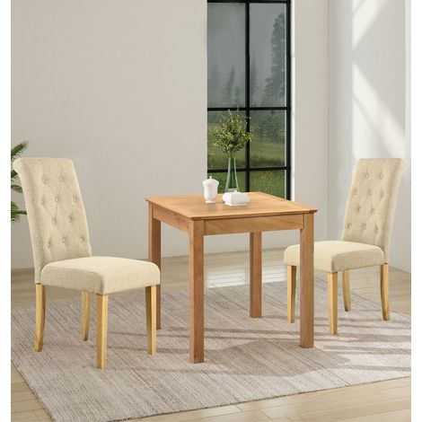 Hallowood Furniture Hereford Oak Dining Table and Chairs Set 2, Light Oak Small Kitchen Table and Chairs in Straight Back with Buttoned Cream Linen Fabric Cushion, Dining Room Sets for Home and Café