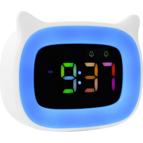 Réveil Enfant Lumineux pour Adolescent/Fille/Garçon, Réveil Veilleuse Enfant à RGB 8 Couleurs & 18 Sonneries & 2 Alarmes, Réveil Enfant Éducatif 12/24 Heures avec Mode de Répétition (Blanc) (1/4)