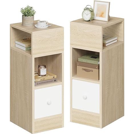Lot de 2 tables de chevet étroites en aggloméré 25x30x66 cm finition chêne clair et blanc (1/5)