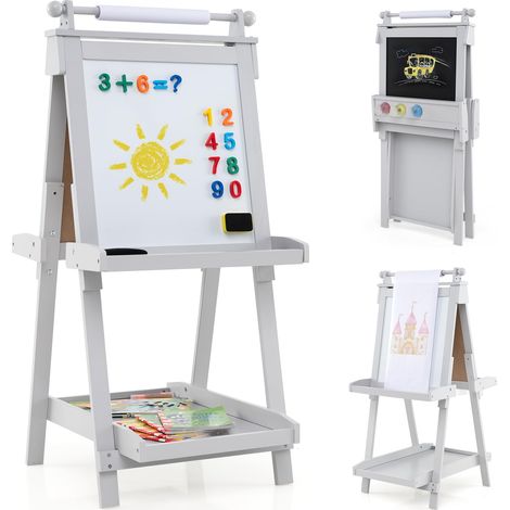 COSTWAY Lavagna per Bambini 3 in 1, Lavagna Magnetica con Lavagna Bifacciale, Rotolo di Carta, Vassoi Portaoggetti e 3 Bicchieri per Pittura, Cavalletto in Legno per Bambini 3+ Anni (Grigio) (1/5)