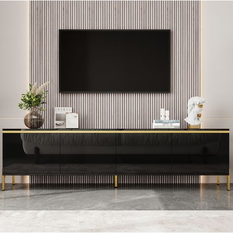 Mobile TV moderno nero lucido con 4 ante, passacavi e piedi in metallo dorato, 170 cm (1/5)