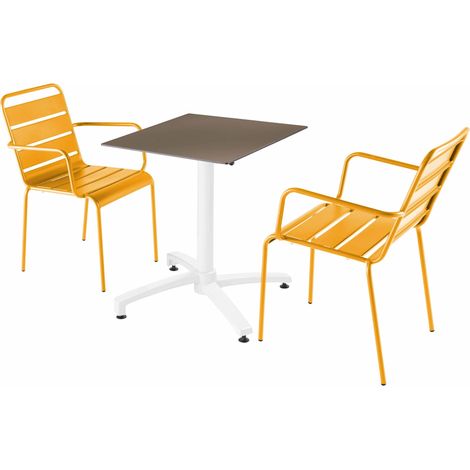 Ensemble table de terrasse stratifié taupe et 2 fauteuils jaune (1/5)