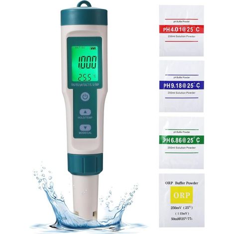PH Mètre Électronique TDS & EC Mètre, 8 en 1 Testeur de Qualité de l'eau Salinité Température avec Écran LCD, Haute Précision Testeur PH étanche IP67 pour Piscine, Eau Potable, Aquariums, Hydroponie (1/5)