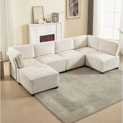 Divano modulare 308x154x81.99 cm, 6 posti, trasformabile in U o L, con tasche laterali, in velluto a coste beige (1/5)