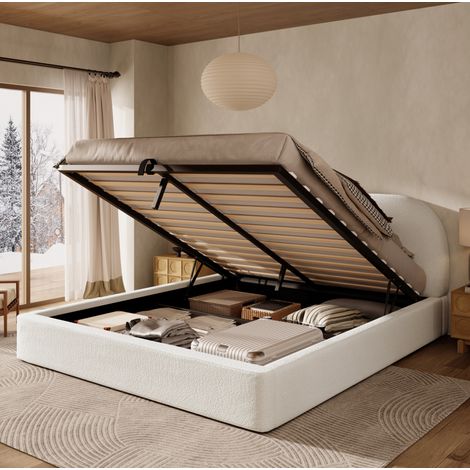 Cama doble 180x200 cm beige en bouclé con almacenaje hidráulico y somier (1/5)