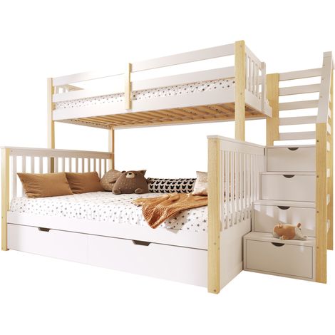 Letto a castello alto 90x200 sopra e 140x200 sotto con cassetti, scala laterale e spazio contenitore, bianco naturale, senza materasso  CHICFURN (1/5)