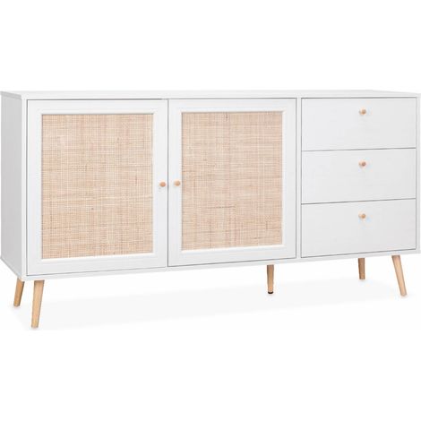 150cm scandi-style wooden and cane effect sideboard Blanc cassé 150x39x79 cm - Boheme (1/5)