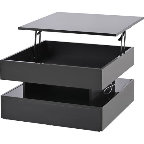 Table basse relevable 65 x 65 x 38,5 cm pour salon, table d'appoint brillante avec bande lumineuse LED, table de salon avec 2 tiroirs, table basse au design géométrique avec rangement dissimulé, noire (1/5)
